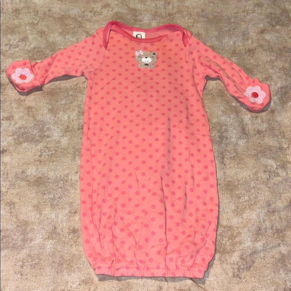Gerber Coral Baby Gown with Bear and Polka Dots